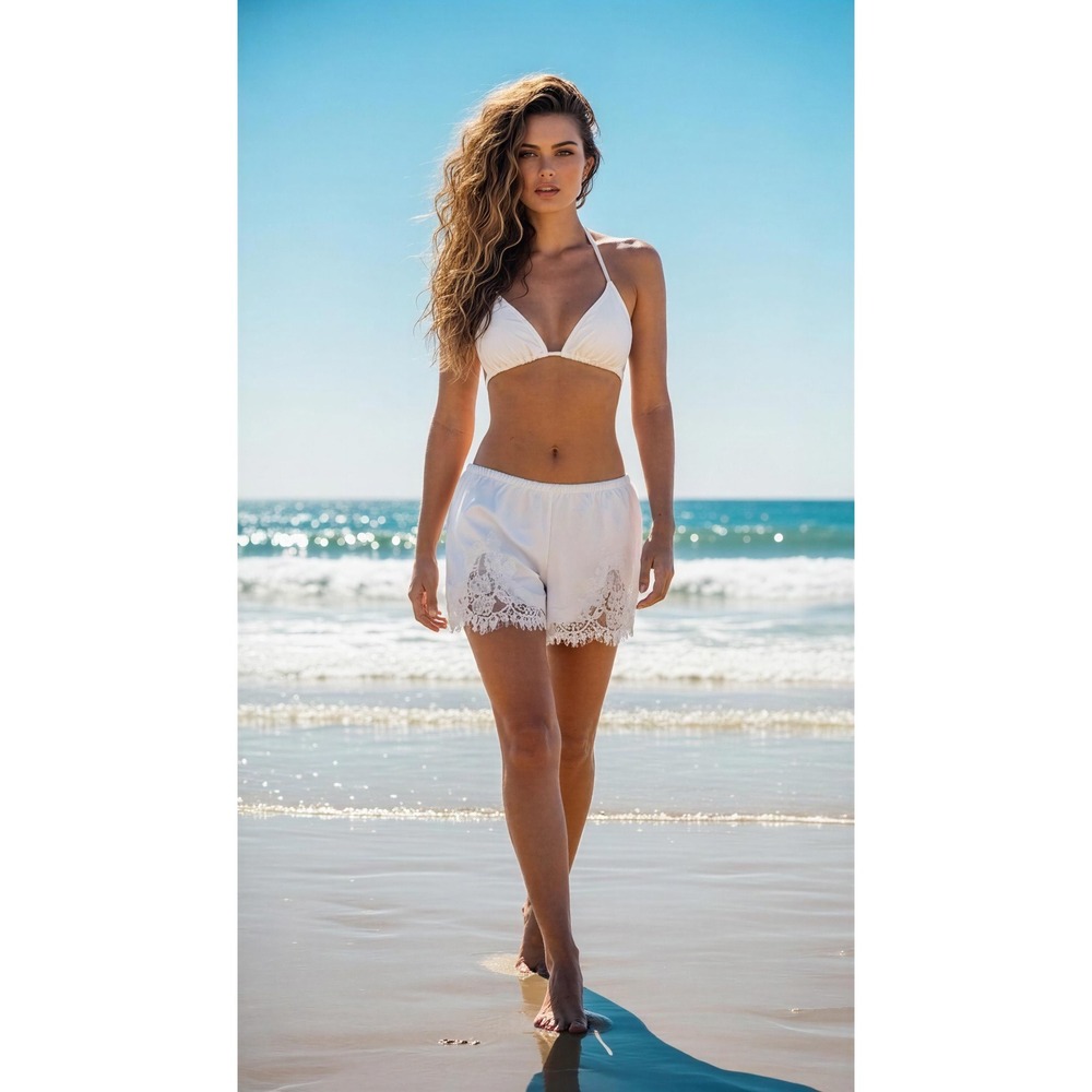 House of Harlow 1960 White Bikini Top and Lace Trim Shorts Set Size Medium